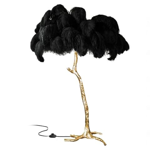 ANram Standing Bedside Lamps, Nordic Ostrich Feather Floor Lamp with 3 Color Light Switching, Gold Resin Light Body, Tall Pole Lamp Feather Lamps for Home Office Decor,Black,150x90cm/59x35in