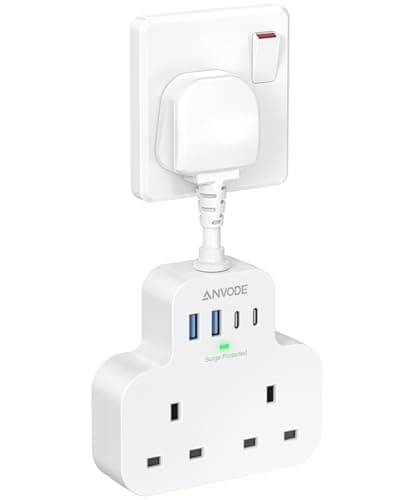 Multi Plug Extension Socket with 4 USB Ports, ANVODE 2 Way Plug Adaptor with Flexible Cable, Short Extension Lead Double Adapter Plug UK for Bedroom, Office, Kitchen. White