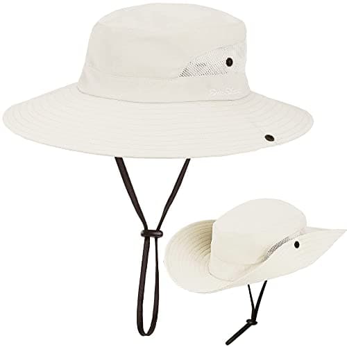 KorhLeoh Women's Outdoor UV-Protection-Foldable Sun-Hats Mesh Wide-Brim Beach Fishing Hat with Ponytail-Hole Beige — view 4