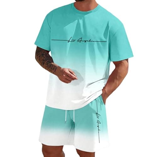 Male Print Erotic Print Two Piece Short Sleeve T-Shirt Shorts Set (Mint Green, L)