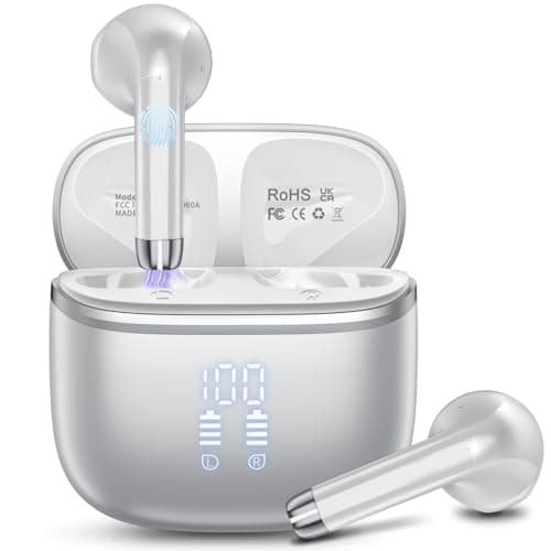 HOIFA Wireless Earbuds, Bluetooth 5.4 Headphones with 4 ENC Noise Cancelling Mic, 50H Playtime, HiFi Stereo Deep Bass, IP7 Waterproof Bluetooth Earphones,Bluetooth Earbuds Dual LED Display,Silver