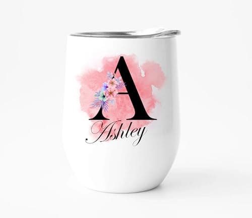 EKAM Personalised Floral Tumbler Stylish Initial with Name - 12oz Stainless Steel Travel Mug, for Wine, Whisky, Coffee, Vodka Tumbler with Lid, Custom Gift for Christmas Day, Birthday, Any Occasion