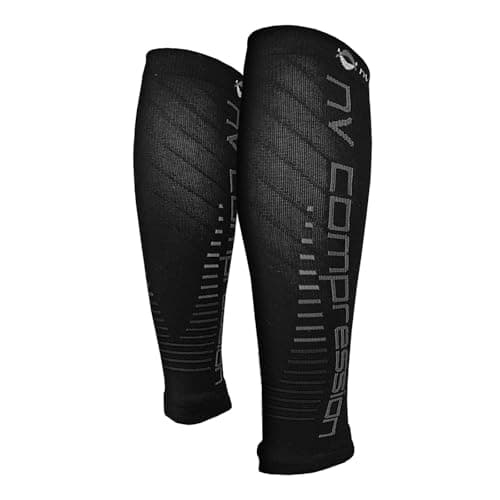 NV Compression Essential Race and Recover Calf Guards/Sleeves (PAIR) 20-30mmHg - For Sports Recovery, Shin Splints, Medical, Work, Flight - Running, Cycling, Gym (Black/Grey Stripes, S-M) — view 2
