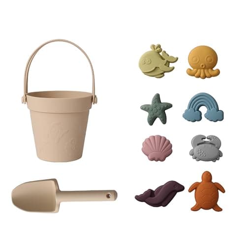 Dynaeuty 10Pcs Silicone Beach Toys for Toddlers 1-3,Travel Sand Toys Set for Kids, Collapsible Bucket & Shovel with Sand Molds, Quick-Dry Bath Toys, Summer Beach Essentials for Baby Girls Boys(Beige)