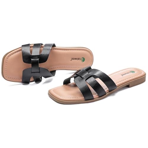 Ataiwee Women's Dressy H Flat Slide Sandals Faux Leather slippers,Black 6.5 — view 4