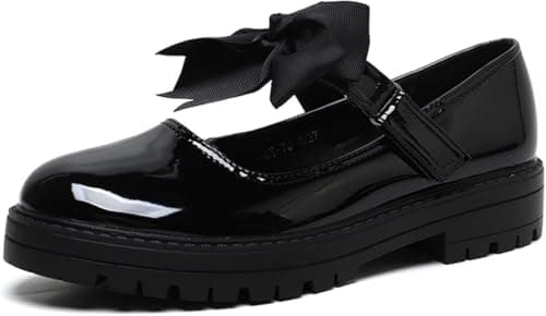 BloomFashion® Girls Mary Jane Back to School Patent Black Shoes Toddler Kids Comfortable Anti-Slip Uniform Flat Shoes with Detachable Bow On Strap 8uk — view 2