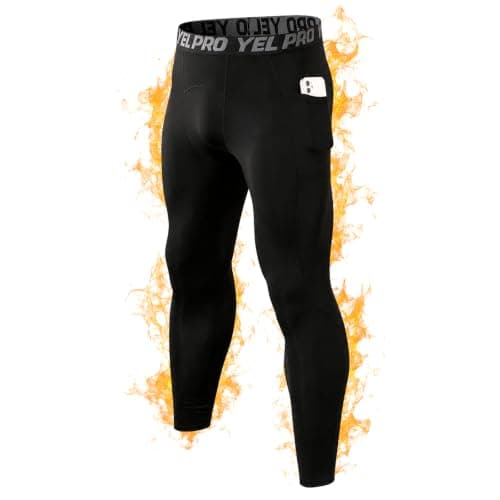 Mens Thermal Compression Leggings with Pockets, Fleece Lined Base Layer
