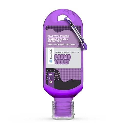 Palm Safe Parma Violet 60ml Anti Bacterial Premium Hand Sanitiser Travel Size Refillable Clip Bottle Quick Drying Non Sticky Extra Moisturising Kills 99.9% of Viruses and Bacteria