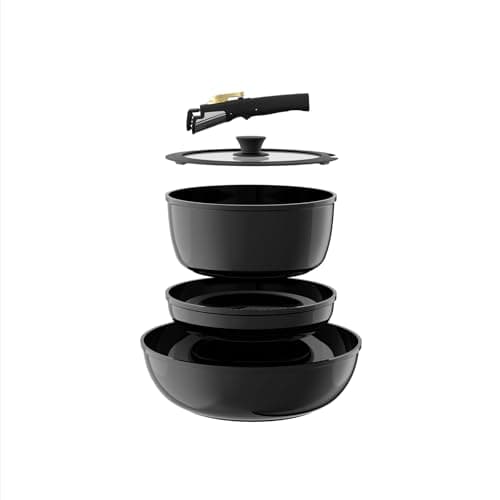 OUBRL Pots and Pans Set Non Stick, Ceramic Cookware Set Detachable/Removable Handles, RV Camping Kitchen Cooking Set, Dishwasher/Oven/Fridge Safe, Induction, Space Saving (Black-Gold, 5 Piece)