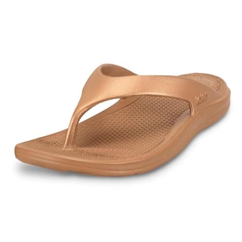 totes® ® SOLBOUNCE Ladies Flip Flops, Lightweight Toe Post Sandals with Everywear™ Cushioning, Anti-Bacterial Sole, Compression Resistant Insole, Summer Holiday Beach Shoes, Gold, UK 8 — view 3