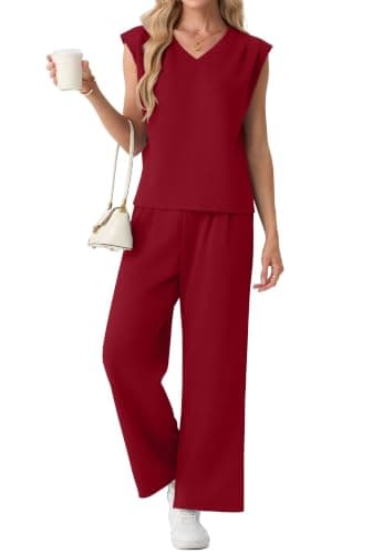 GRECERELLE Two Piece Outfits Women Summer Sleeveless Lounge Wear Sets for Women UK With Elastic Waisted Wide Leg Trouser and Top with Shoulder Pads (Wine Red, L)