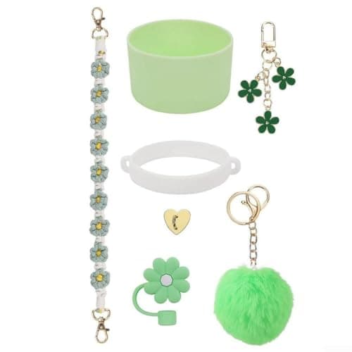 Silicone Cup Chain Accessories 7PCS for 30oz and 40oz Hydration Bottles with Hand Strap and Wool Ball Pendant for Secure Handling (green) — view 3