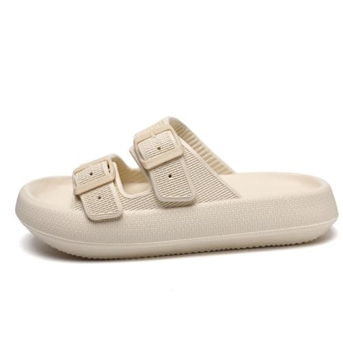 Waysoland Cloud Sliders Women Men Sandals with Adjustable Buckles,Shower Bathroom Non-Slip Quick Drying Open Toe Super Soft Comfy Thick Sole slippers Indoor Outdoor(Beige,7/8 UK) — view 3