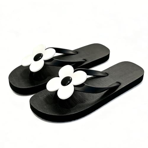 EQLEF Flower Flip Flops Women, Lightweight EVA Beach Shoes Women, Non-Slip Flat Sandals for Travel, Pool, Summer Casual (Black)