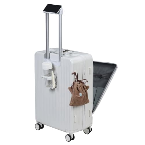 cadciehe 24in Aluminium Frame Hardside Expandable Spinner Wheel Luggage, Front Open Carry on Luggage, Built-in Lock Carry on Suitcase, with Cup Holder & USB Type-C Charging Port & Phone Stand White