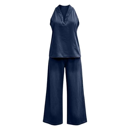 Travel Outfit Airport Set Women Airport Two Piece Outfit Women Uk Denim Co Ord Sets Sleeveless Short Sleeve Blouses Wide Leg Jeans Casual Ladies Travel Suits Womens Summer Cotton Lounge Wear — view 3