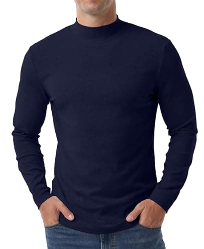 QIXING Men's Thermal Top, Long Sleeve Mock Neck Cotton Base, Navy Blue, S