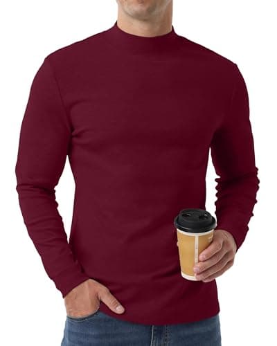 QIXING Men's Thermal Top, Long Sleeve Mock Neck Cotton Base, Burgundy, S — view 2