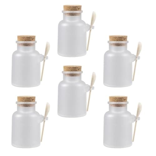 Tofficu Jars Refillable 100g 6 Sets with Cork Lids and Wooden Spoons, Frosted Storage Containers, Portable Sub-packaging Bottles for Travel and Skincare