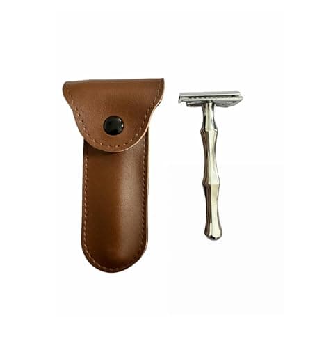 Classic straight beard grooming trimmer safety kit shaving face razors for men with brown leather travel case, chrome-plated metal shaving tools beard kit for men grooming