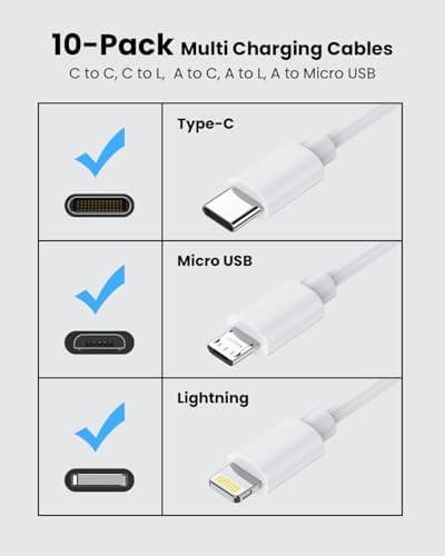 [30CM, 10-Pack] Multi Short USB C/Lightn-ing/Micro Mixed Cables, Multiple Fast Charge & Sync Short USB Cables Bulk for Charging Station for iPhone17&15, iPhone5-14, iPads, Mobiles, Tablets - White — view 2
