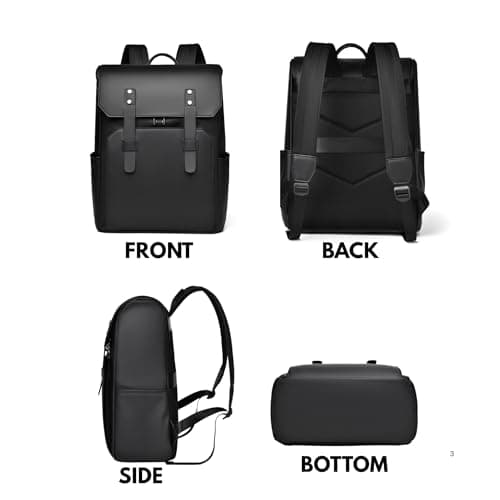 nusrah Travel Backpack for Men Women, Flight Approved Leather Laptop Backpack 15.6, 16 Inch, Water Resistant Anti-Theft Weekender Bag, Casual Daypack Rucksack (Black) — view 3