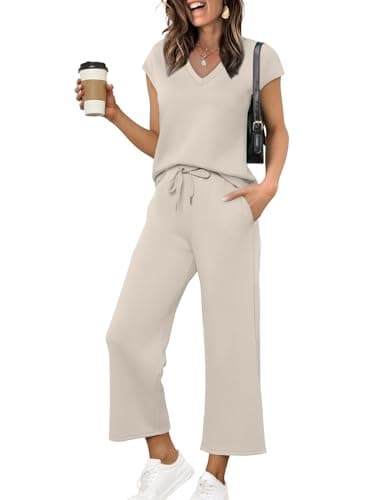 Saloogoe Women Two Piece Set Summer Outfits Lounge Sets V Neck Tops Wide Leg Pants Women Holiday Travel Outfits, beige, M