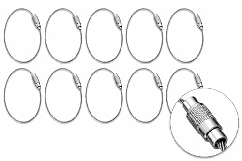 AKORD 10-Piece Stainless Steel Wire Keychain Cable Keyring with Twist Barrel Connector - Durable Metal Luggage Tag Loops, 15cm Length, Silver