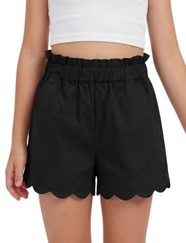 Spring&Gege Girls' Summer Shorts, Elastic Waist with Ruffled Hem & Side Pockets,Soft Cotton Shorts for Back-to-School Season Outdoor Activities, Beach & Casual Attire(Black,9-10 Years)