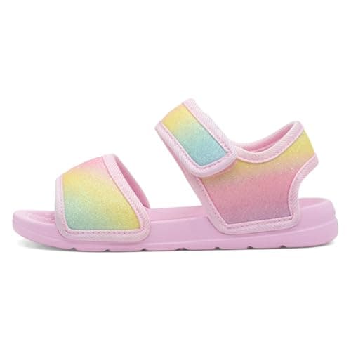 Shoe Zone - Girls Pink Easy Fasten Rainbow Glitter Flat Sandal - Size 10 Child UK - Pink
