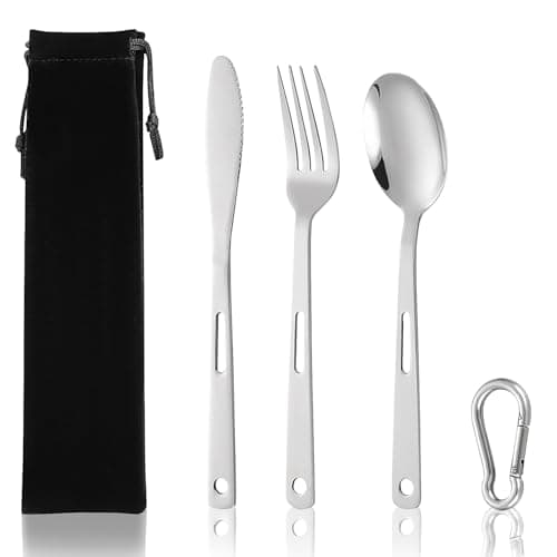 OWill 3 Pieces Cutlery Set, Camping Knife and Fork Sets Stainless Steel Flatware Set Portable Silverware Set for Travel Office School Picnic