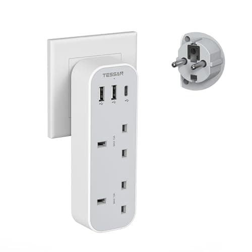 TESSAN UK to European Plug Adapter, Type E F Travel Adapter with USB C