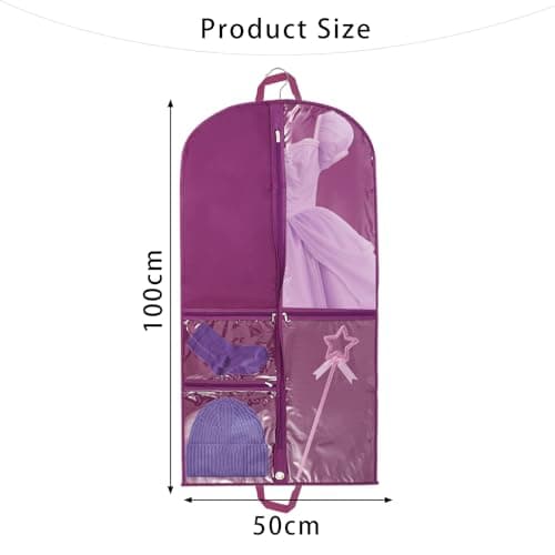Waterproof Clothes Covers,40 inch Dance Costume Dress Bag Hanging Garment Bags with 3 Zipper Pockets,Foldable Travel Garment Bag with ID Slot for Dancers, Kids, Women (PURPLE) — view 2