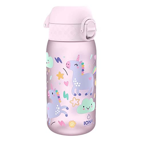 Ion8 Kids Water Bottles, BPA Free, Leakproof, Dishwasher Safe, Easy Open, Secure Lock, Small Boys & Girls Water Bottle,Kids Drinks Bottle for Spill-free Drinking, Pink, Unicorns, 350ml/12oz