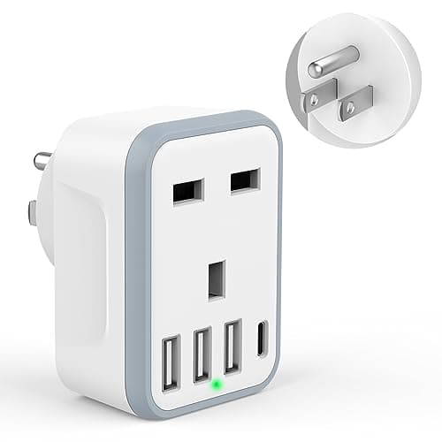 Loydia UK to US Plug Adaptor, 5 in 1 USA Plug Travel Adapter with 3 USB & 1 USB C Ports, American travel plug adapter from UK to USA, US, Canada, Thailand, Mexico, Colombia (Type B)