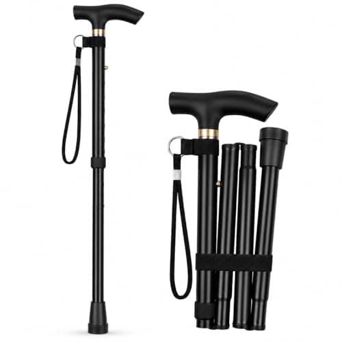 Folding Walking Stick for Men & Women, Adjustable Height Ergonomic T Handle with Wrist Strap, Lightweight Portable Mobility-Aid, Aluminium Walking Cane for Travel, Elderly & Daily Use (BLACK)