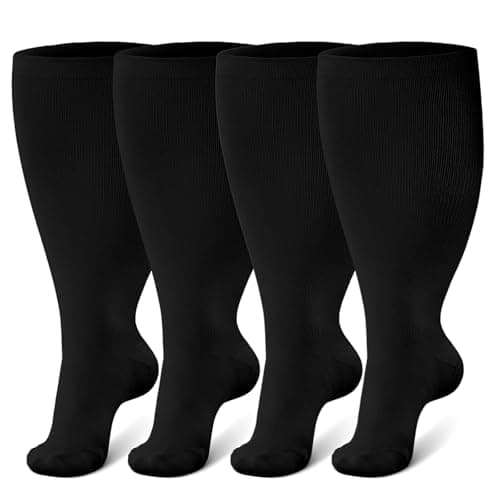PUTUO Plus Size Compression Socks: Wide Calf Graduated Compression Stockings for Men Women - Large Flight Socks for Support Travel Pregnancy Edema Nurses Seniors 20-30 mmHg Black 3XL 2Pairs
