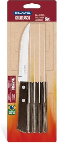 Tramontina 6 Piece Steak/Pizza Knife Set, Brown Colour, Sharp Knife Set with Wooden Handles, Camping, Kitchen, Rustic, Dishwasher Safe, 5-Inches, 29899155