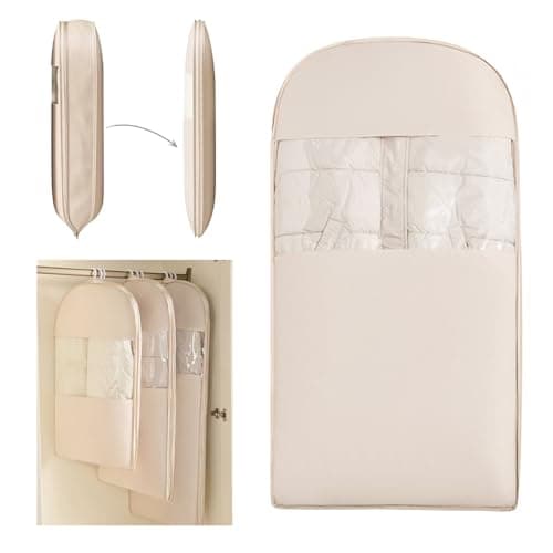 NatureNook Space Saving Hanging Compression Garment Bag with Zipper for Closet Storage, Hanging Clothes Storage Bag, Garment Covers for Coats and Down Jackets, Beige, L (Beige, L)