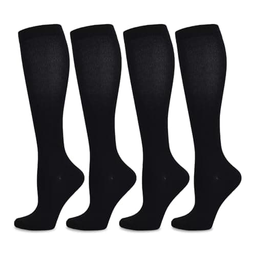 Bamboo Compression Socks Women Men 15-20 mmHg – 4 Pairs Knee High Flight Socks for Travel, Nurses & Pregnancy | Graduated Support, Soft Breathable Bamboo Viscose, Size L/XL (EU 39-42), Blac