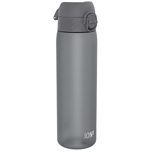 Ion8 Water Bottle, 500 ml/18 oz, Leak Proof, Easy to Open, Secure Lock, Dishwasher Safe, BPA Free, Hygienic Flip Cover, Carry Handle, Fits Cup Holders, Easy Clean, Carbon Neutral, Grey