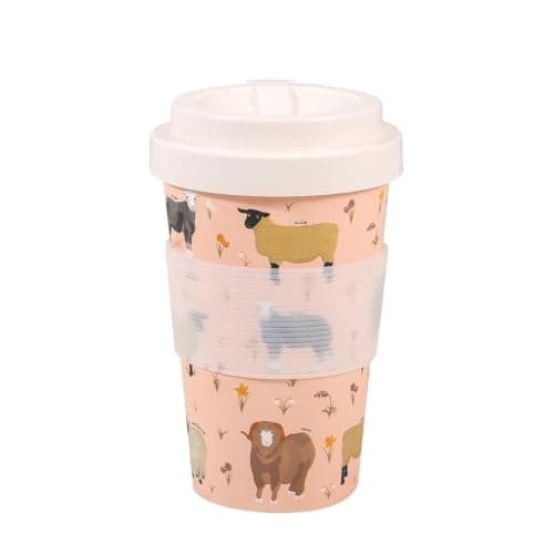 ECO CHIC Recycled Travel Coffee Cup 400ml Microwave Dishwasher Safe Plastic Travel Mug (Sheep Realism Beige)