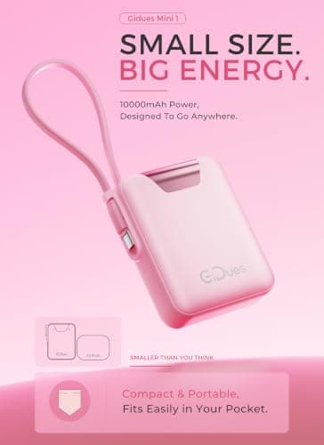Gidues M1 Mini Portable Charger, 10000mAh Ultra-Compact Power Bank, 22.5W PD Fast Charging, Tpye-C Built-in Cable, Small External Battery Pack for iPhone, Samsung, Android iPad (Pink) — view 3