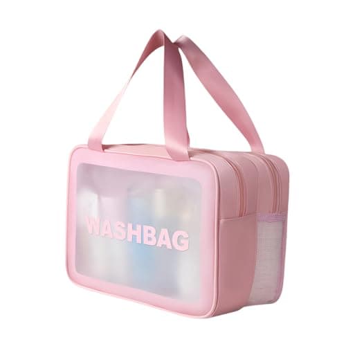 Large Clear Wash Bag, Dry Wet Segregation Toiletry Bag with Hollow Mesh Portable Makeup Bag PVC Waterproof Cosmetic Bag Travel Toiletries Bags for Women Men (Large-Pink)