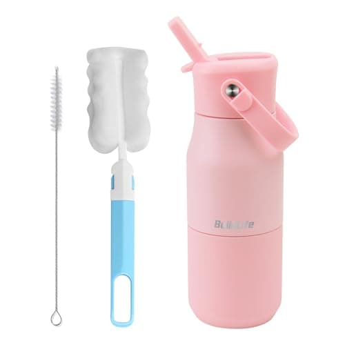 Kids Insulated Water Bottle 400ml, Leakproof Stainless Steel Thermal Bottle with Straw & Cleaning Brushes, BPA-Free, Lightweight Travel Flask for School, Nursery & Outdoor(Light Pink)
