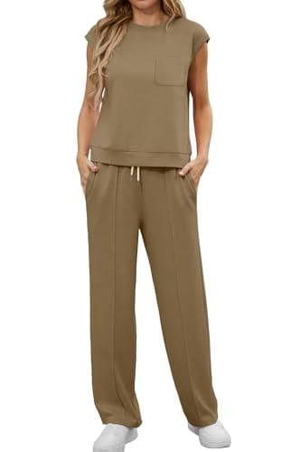 GRECERELLE Two Piece Outfits Women Summer Short Sleeve Tracksuit Womens Full Set Lounge Wear Sets for Women Casual Crew Neck Cap Sleeve Tops and Jogging Bottoms with Pockets(Khaki, M)