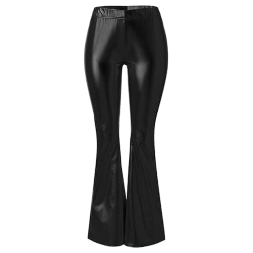 Women's Shiny Vegan Leather Flared Pants, High Waisted with Tummy Control, Bell Bottom Leggings for Festival, Concert, and Club Wear (1-Black, S) — view 2