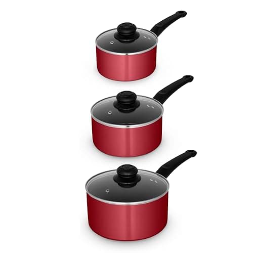 Swan Townhouse 3 Piece Saucepan Set with 16/18/20cm Saucepans, Non-Stick Ceramic Coating, Bakelite Handles, Oven Safe, Red