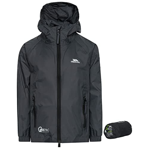 Trespass Kids Jacket Qikpac - Waterproof, Breathable, School Raincoat, 2 Zip Pockets, Full Zip, Adjustable Hood, Storm Flap, Ventilated Back, Lightweight, Packable