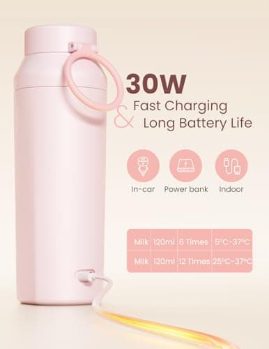 Paruu Portable Bottle Warmer for Breast Milk & Water, Rapid Heating in 2 Minutes, 7-Temp Control, Large 12oz Capacity, Ideal Gifts for New Parents, Pink — view 6